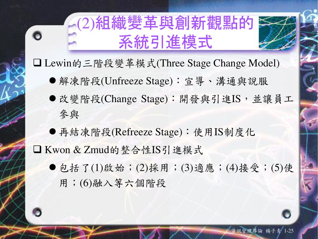 (2)組織變革與創新觀點的 系統引進模式 Lewin的三階段變革模式(Three Stage Change Model)