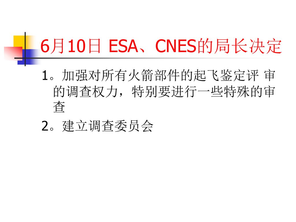 6月10日 ESA、CNES的局长决定 1。加强对所有火箭部件的起飞鉴定评 审的调查权力，特别要进行一些特殊的审查 2。建立调查委员会