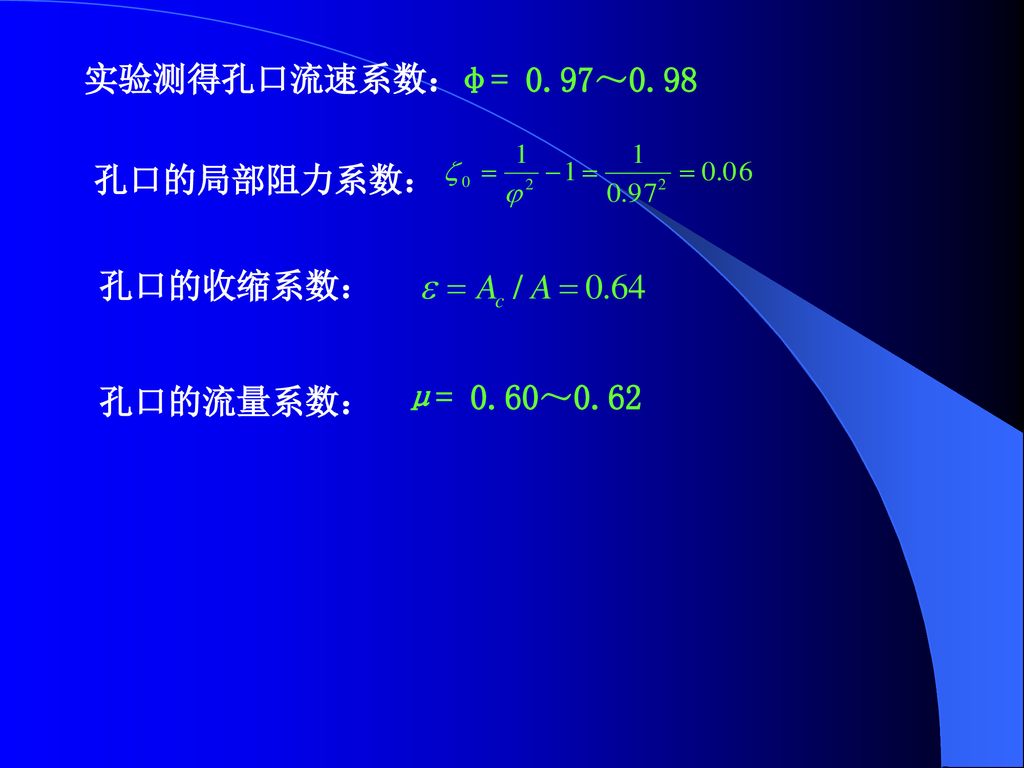 实验测得孔口流速系数： φ= 0.97～0.98 孔口的局部阻力系数： 孔口的收缩系数： 孔口的流量系数： μ= 0.60～0.62