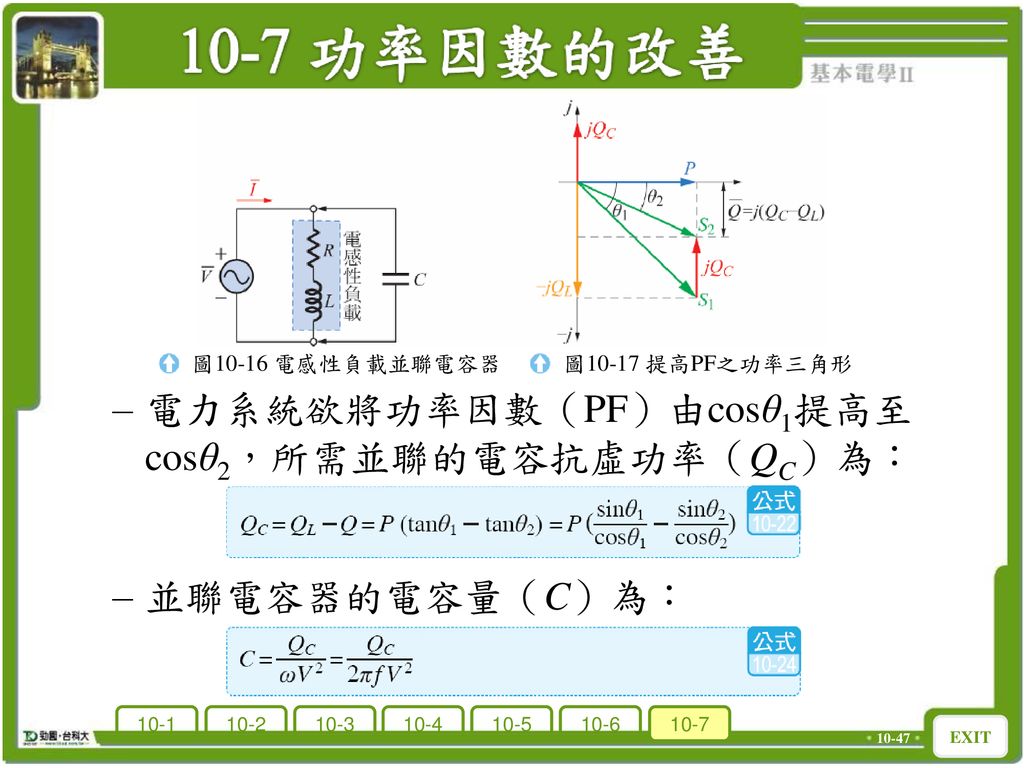 電力系統欲將功率因數（PF）由cosθ1提高至cosθ2，所需並聯的電容抗虛功率（QC）為：