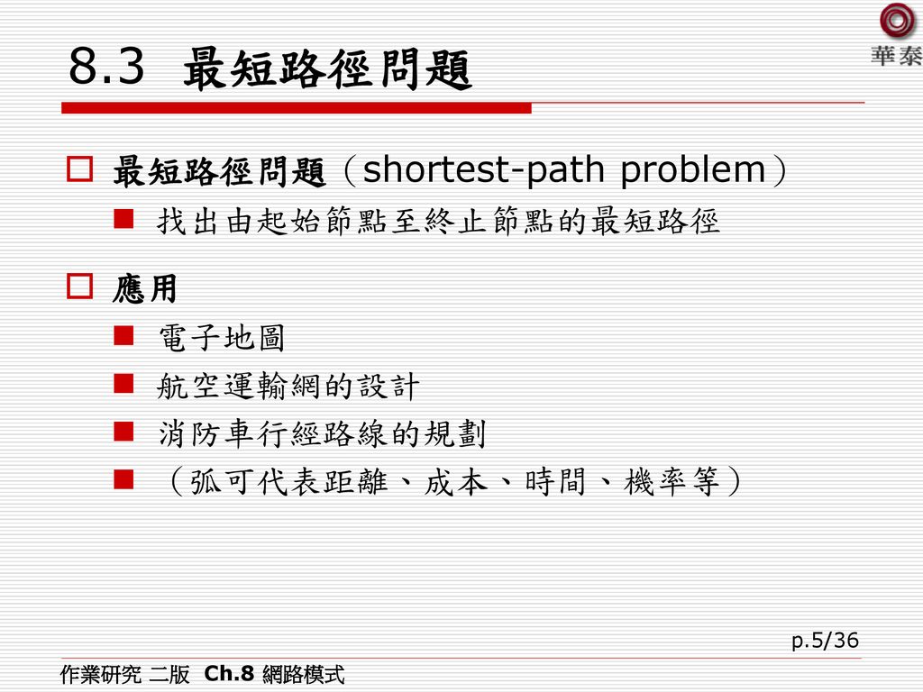 8.3 最短路徑問題 最短路徑問題（shortest-path problem） 應用 找出由起始節點至終止節點的最短路徑 電子地圖
