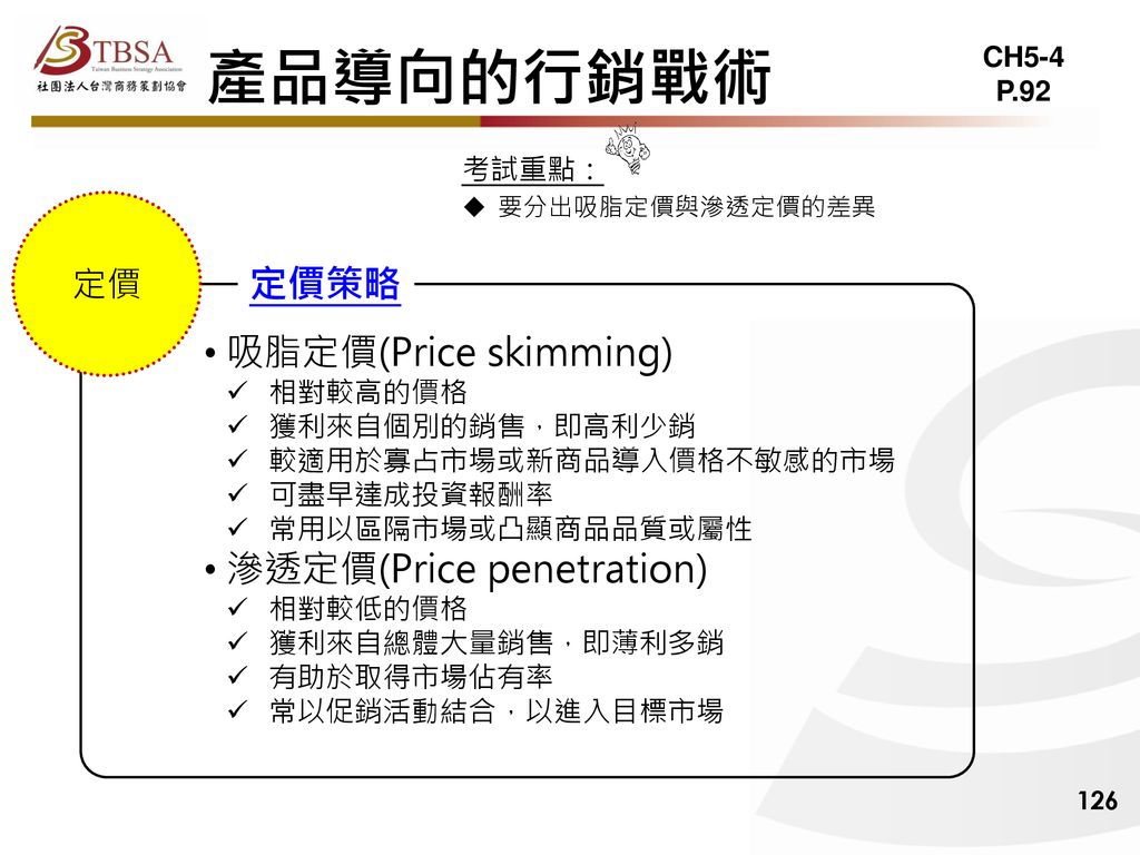 產品導向的行銷戰術 定價策略 吸脂定價(Price skimming) 滲透定價(Price penetration) 定價 CH5-4