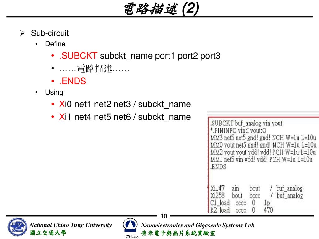 電路描述 (2) .SUBCKT subckt_name port1 port2 port3 ……電路描述…… .ENDS