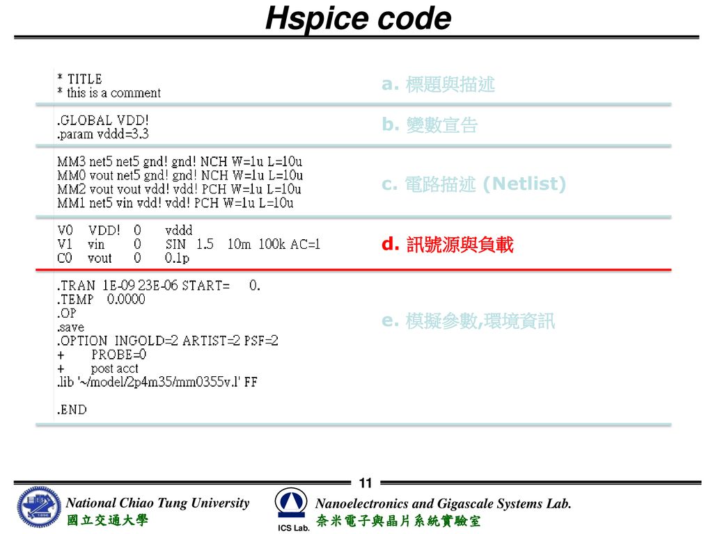 Hspice code a. 標題與描述 b. 變數宣告 c. 電路描述 (Netlist) d. 訊號源與負載 e. 模擬參數,環境資訊