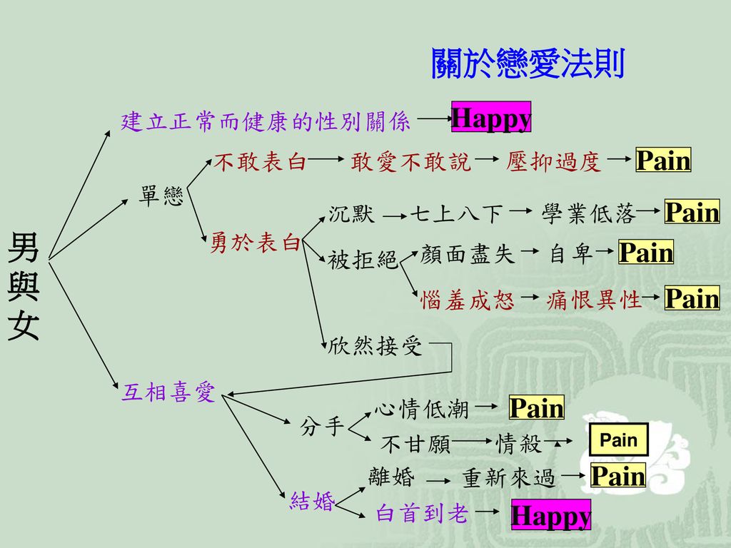 關於戀愛法則 男與女 Happy Pain Pain Pain Pain Pain Pain Happy 建立正常而健康的性別關係 不敢表白