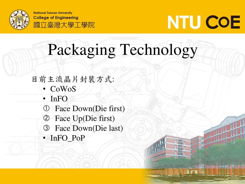 Packaging Technology 目前主流晶片封裝方式: CoWoS InFO Face Down(Die first)