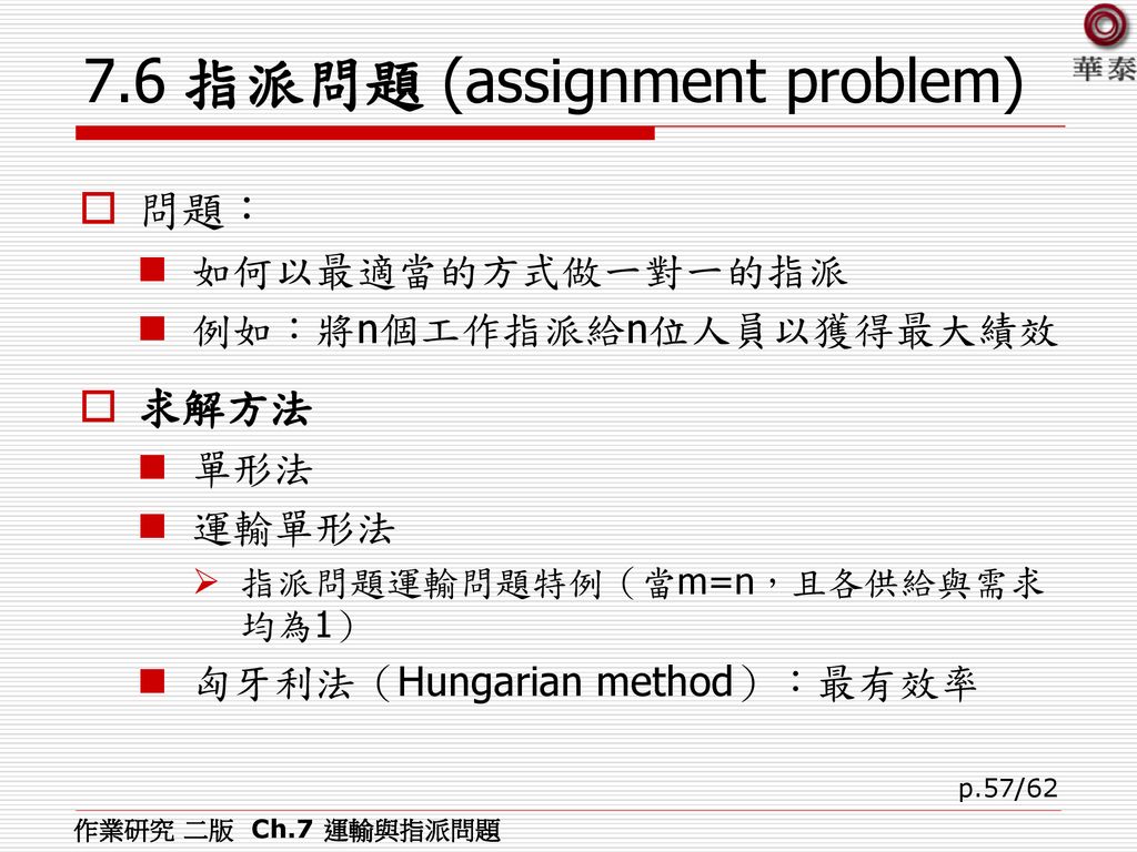 7.6 指派問題 (assignment problem)