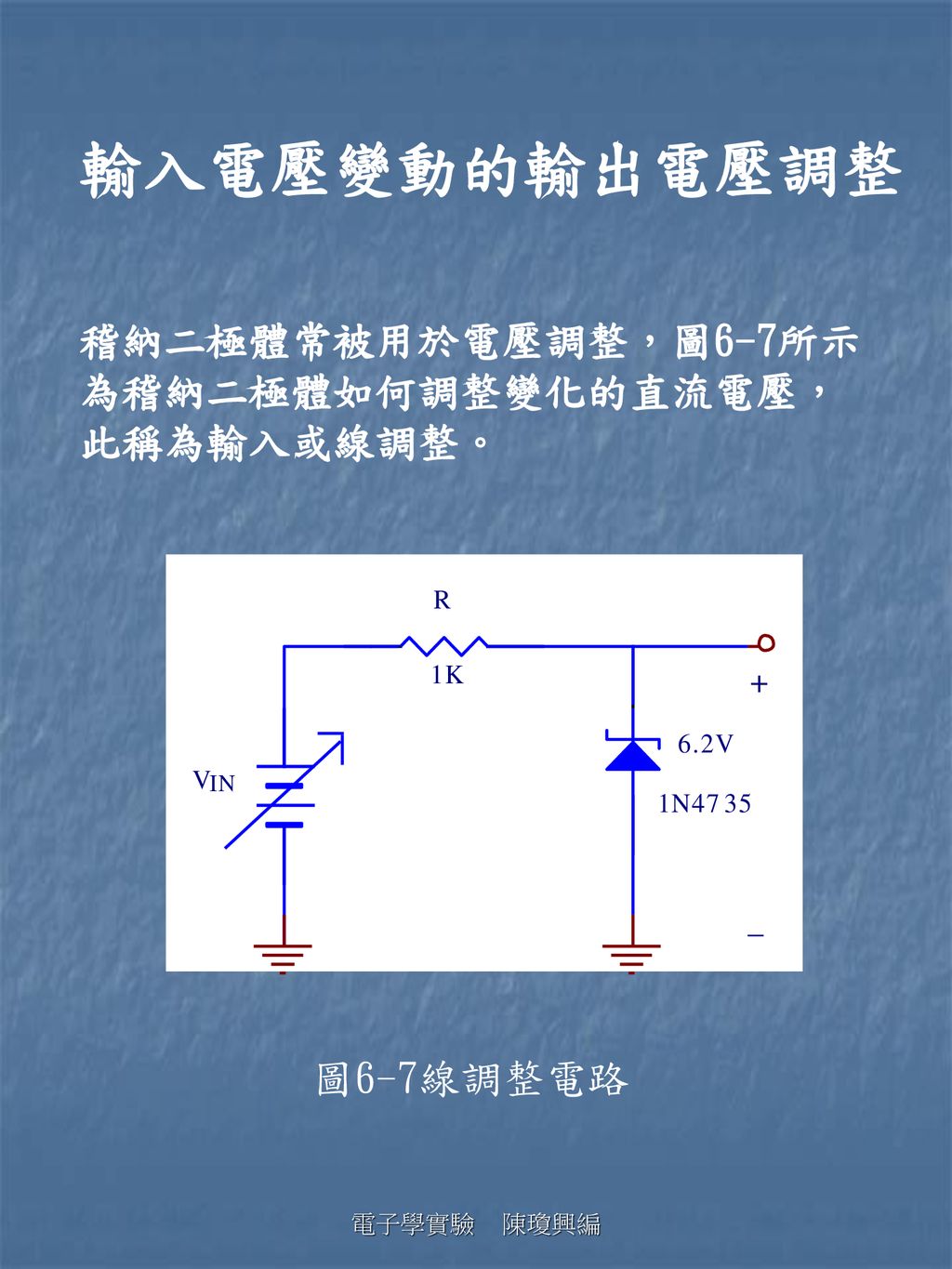 輸入電壓變動的輸出電壓調整 稽納二極體常被用於電壓調整，圖6-7所示為稽納二極體如何調整變化的直流電壓，此稱為輸入或線調整。