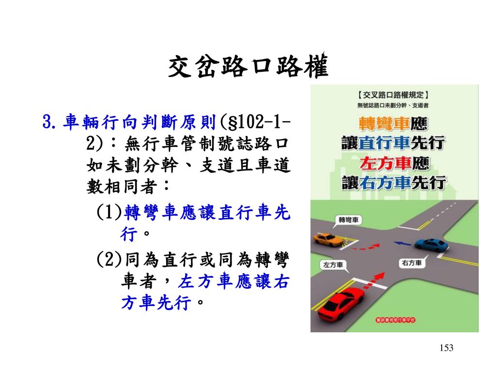 交岔路口路權 3.車輛行向判斷原則(§ )：無行車管制號誌路口如未劃分幹、支道且車道數相同者： (1)轉彎車應讓直行車先行。