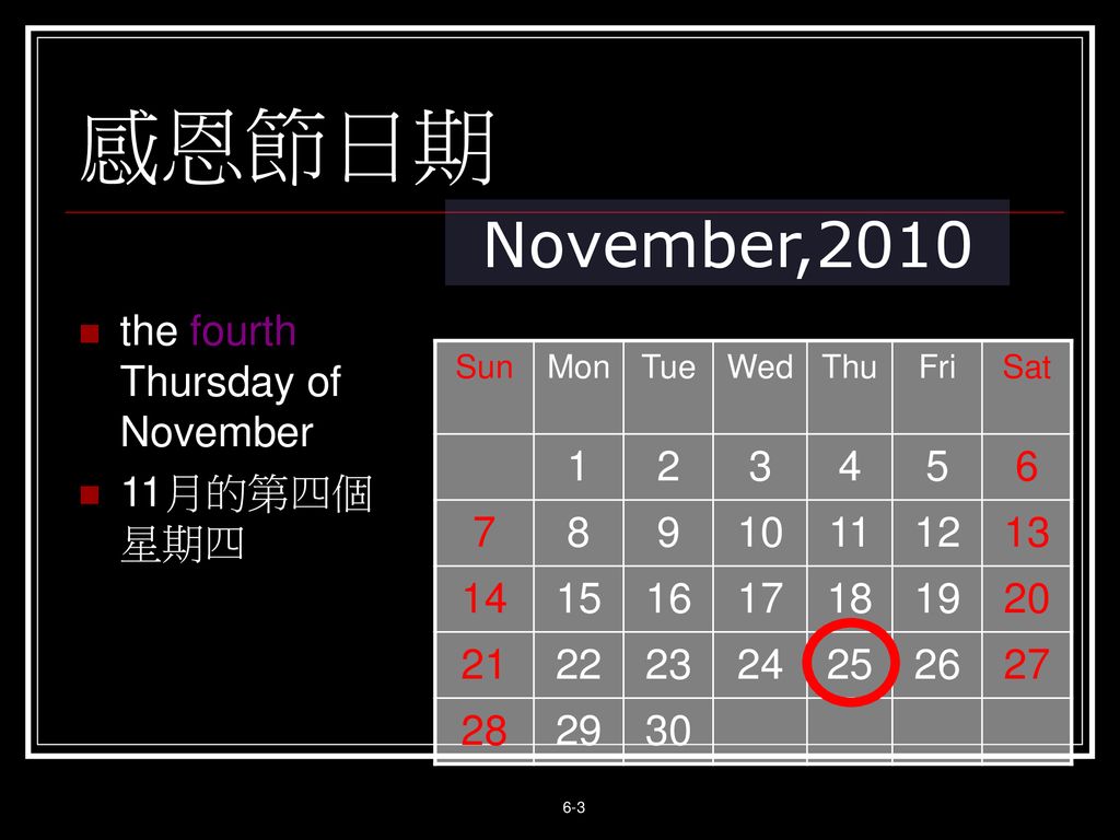 感恩節日期 November,2010 the fourth Thursday of November 11月的第四個星期四
