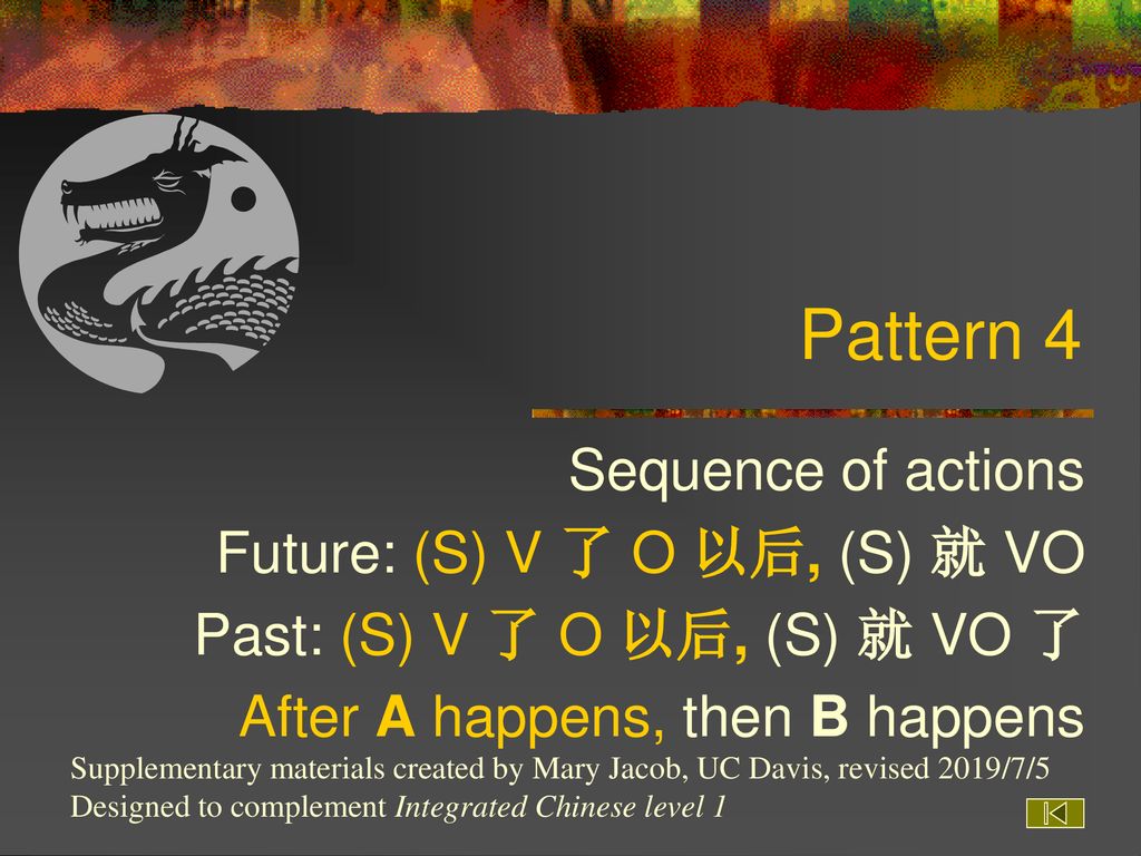 Pattern 4 Sequence of actions Future: (S) V 了 O 以后, (S) 就 VO
