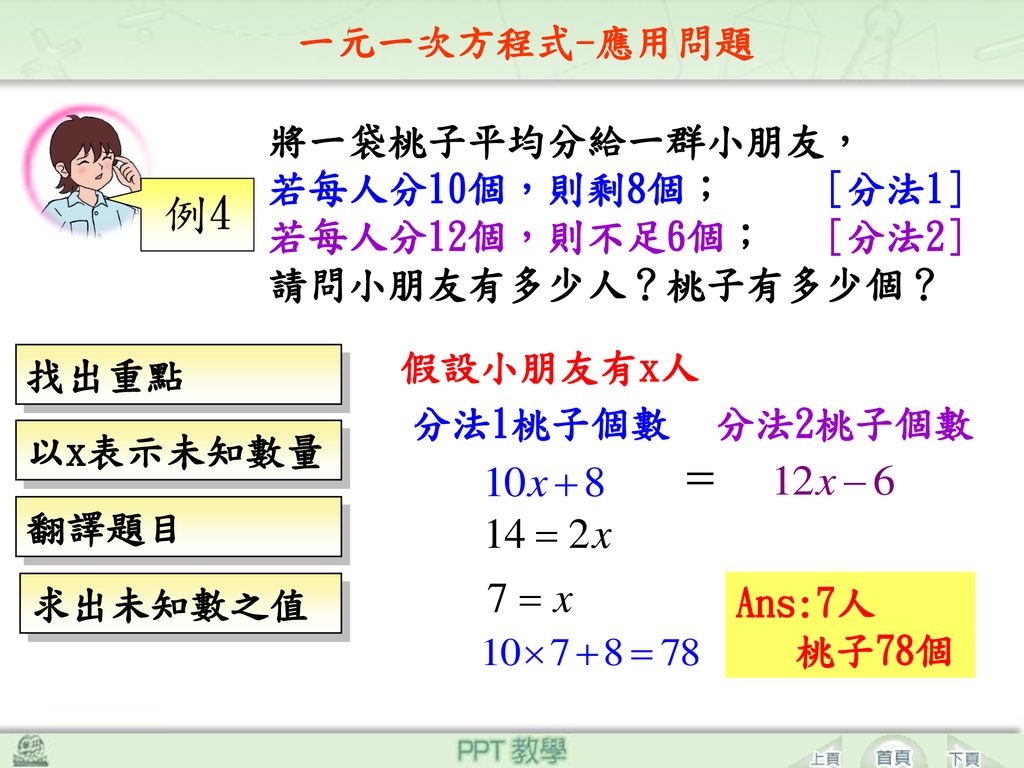 例4 一元一次方程式-應用問題 將一袋桃子平均分給一群小朋友， 若每人分10個，則剩8個； [分法1]