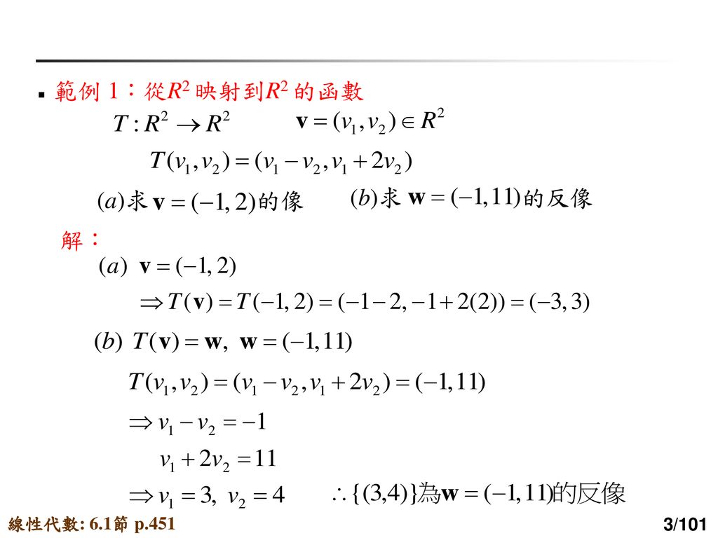 範例 1：從R2 映射到R2 的函數 (a)求 的像 (b)求 的反像 解： 線性代數: 6.1節 p.451