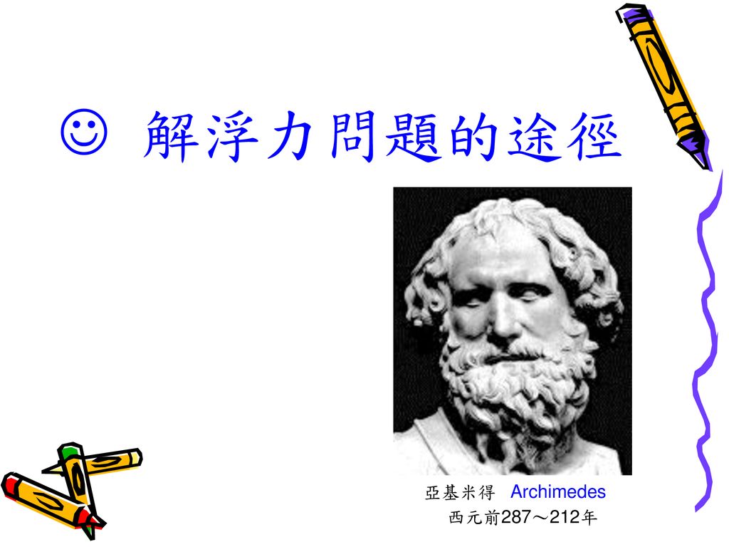  解浮力問題的途徑 亞基米得 Archimedes 西元前287～212年